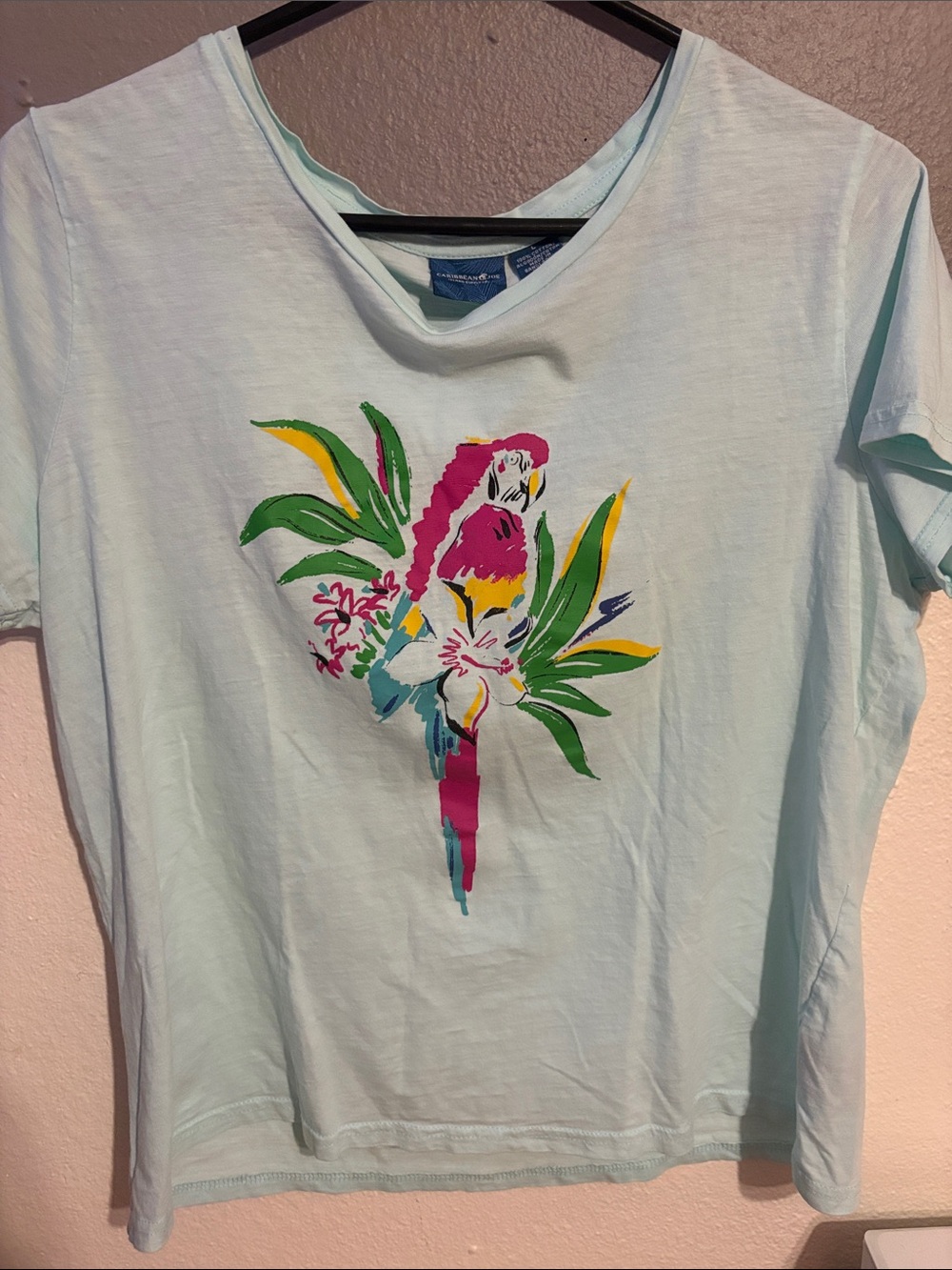 Caribbean Joe Light Blue Tee with Colorful Parrot Graphic